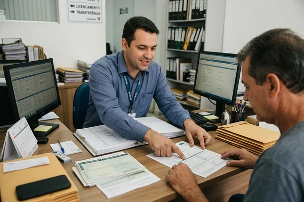 Especialista orientando sobre o licenciamento de veículos em Bragança Paulista.