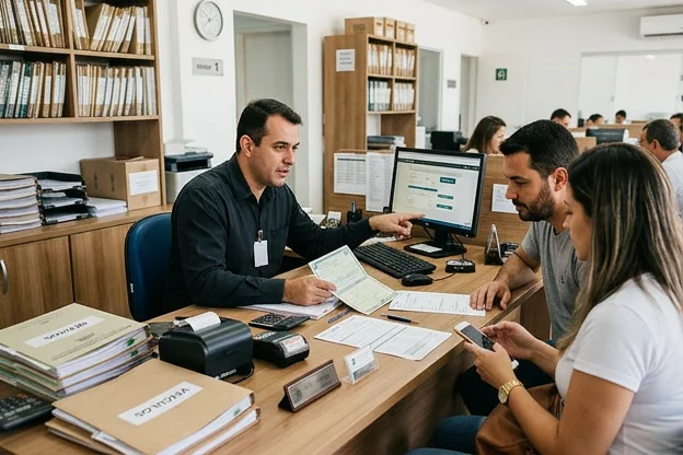 Profissional auxiliando clientes no pagamento de débitos de veículos em Bragança Paulista.
